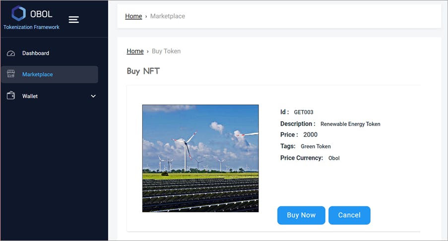 Marketplace view for investor user selecting to buy a token